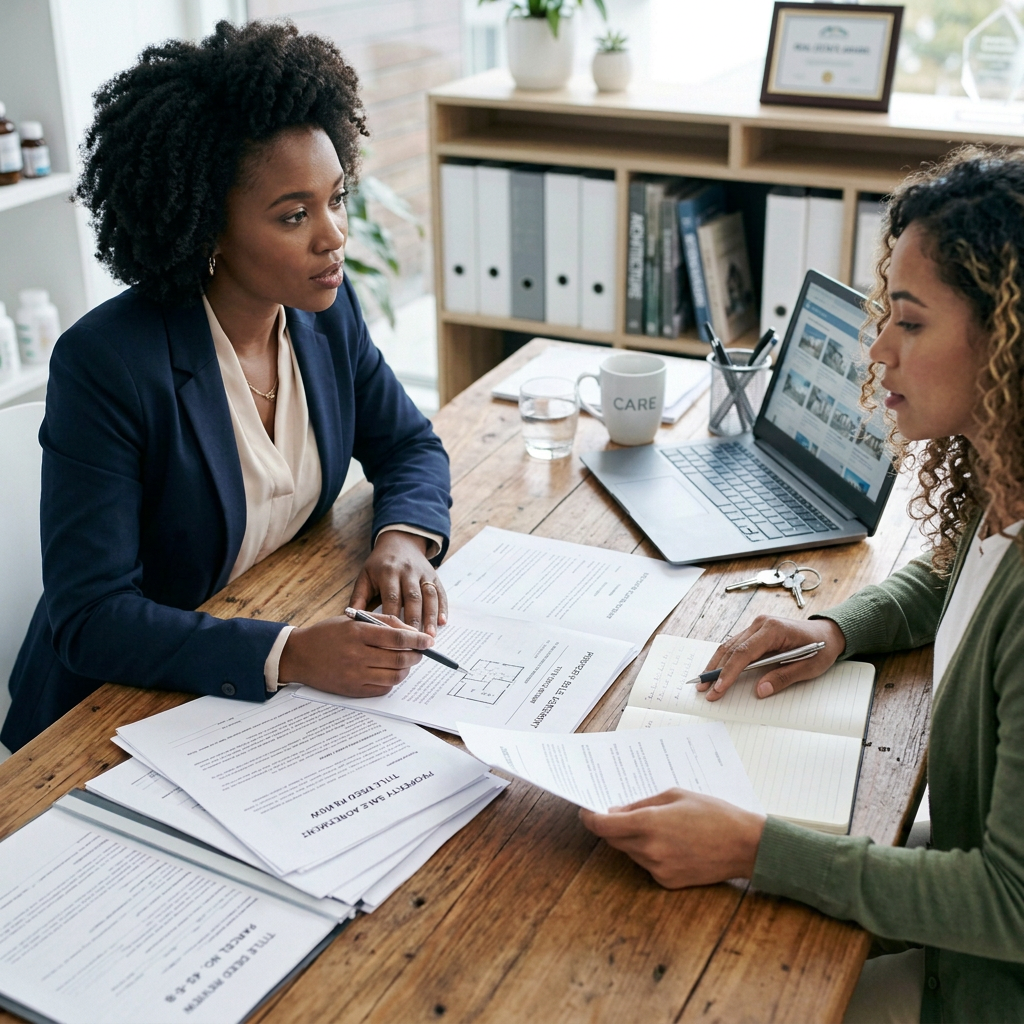 Doctor and patient reviewing medical documents and healthcare plans at a wooden desk